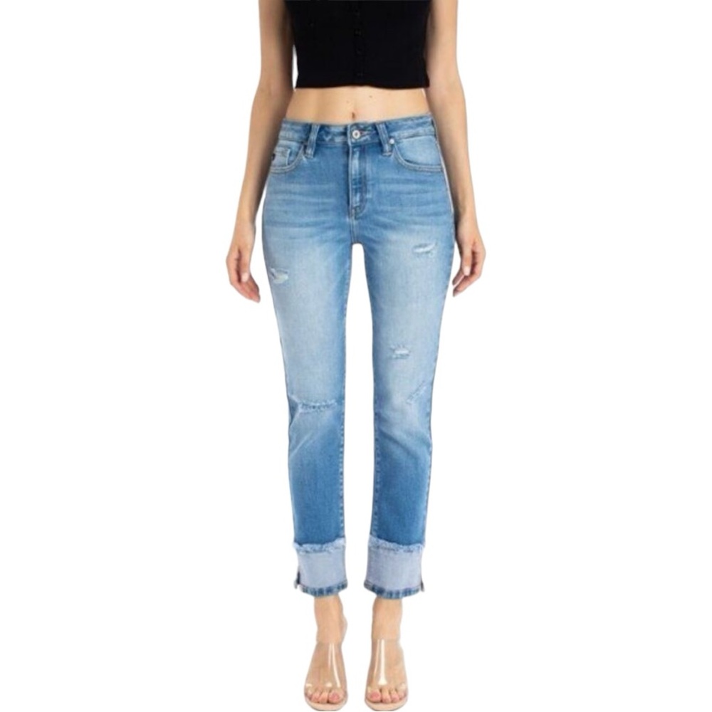 KanCan Lana High Waist Cuffed Straight Leg Distressed Jeans Size 7/27